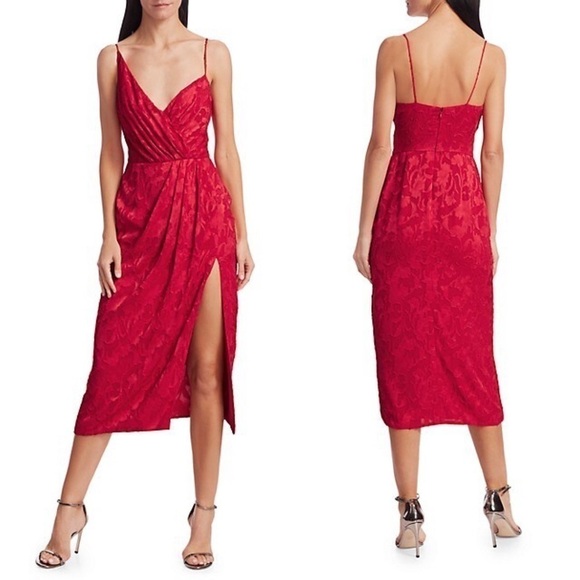 Monique Lhuillier Dress Foulard Asymmetric Floral Lace Midi Lipstick 4 NWT - Picture 7 of 7